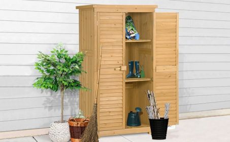 TOPMAX Wooden Garden Shed 3-tier Patio Storage Cabinet Outdoor Organizer Wooden Lockers with Fir Wood (Natural Wood Color -Shutter Design) - as Pic