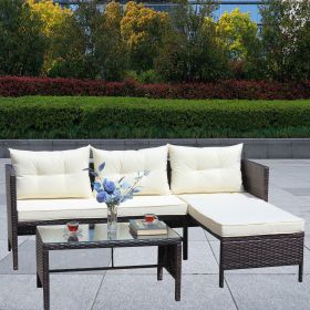 Outdoor patio Furniture sets 3 piece Conversation set wicker Ratten Sectional Sofa With Seat Cushions(Beige Cushion) - as Pic