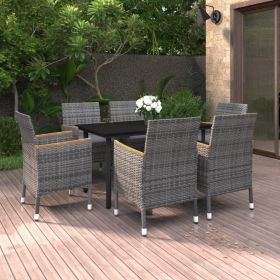 7 Piece Patio Dining Set with Cushions Poly Rattan and Glass - Gray