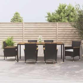 7 Piece Patio Dining Set with Cushions Black Poly Rattan - Black