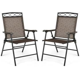 Set of 2 Patio Folding Chairs Sling Portable Dining Chair Set with Armrest - Black