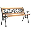 49" Garden Bench Patio Porch Chair Deck Hardwood Cast Iron Love Seat Rose Style Back - Bronze & Natural