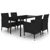 5 Piece Patio Dining Set with Cushions Poly Rattan and Glass - Black
