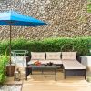 3 Piece Outdoor PE Rattan Furniture Set, Patio Black Wicker Conversation Loveseat Sofa Sectional Couch Khaki Cushion - as picture