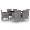 7 Piece Patio Dining Set with Cushions Poly Rattan and Glass - Gray